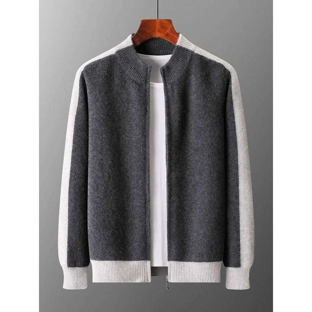 Chic Autumn Winter 100% Merino Wool Knitted Sweater Warm Jacquard Zipper Cardigan Coat Men's Thick Mock Neck Casual New Tops Mdng2510