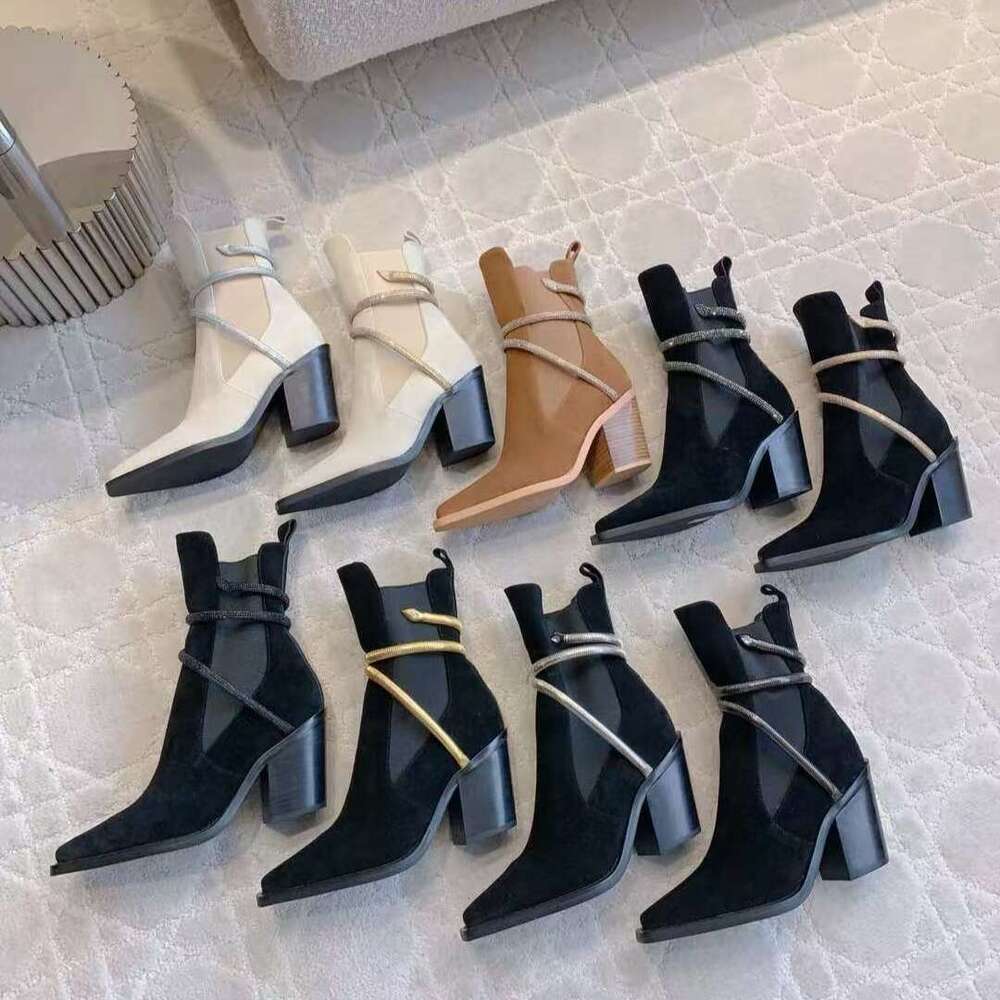 Rhinestone Snake Strap Pointed Toe Chunky Heel Short Booties Designer boot woman Fashion Women Genuine Leather Ankle Boots Top Luxury Martin boots Winter Shoes