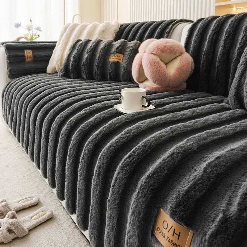 Stripe Thicken Rabbit Plush Sofa Cover Non-Slip Couch Cushion Towel for Living Room Sofa Blanket Home Decor Slip Covers M251204 - view 6