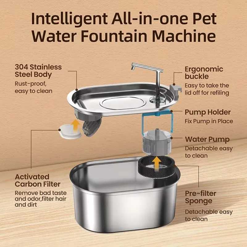 Stainless Steel Cat Water Fountain Automatic Pet Drinker Drinking Fountain For Cats Dogs Drinking Bowl with Replaceable Filter M251204