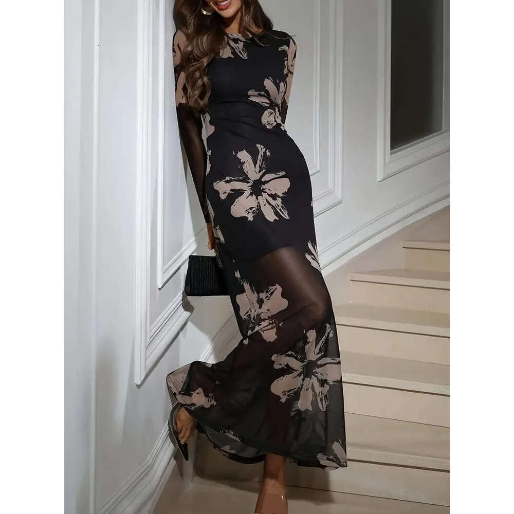 Dress for Women Designer Luxury Spring 2026 Slim Fit Spring Fashion Sand Color Pattern Elegant Floral Print Long Women's Dress