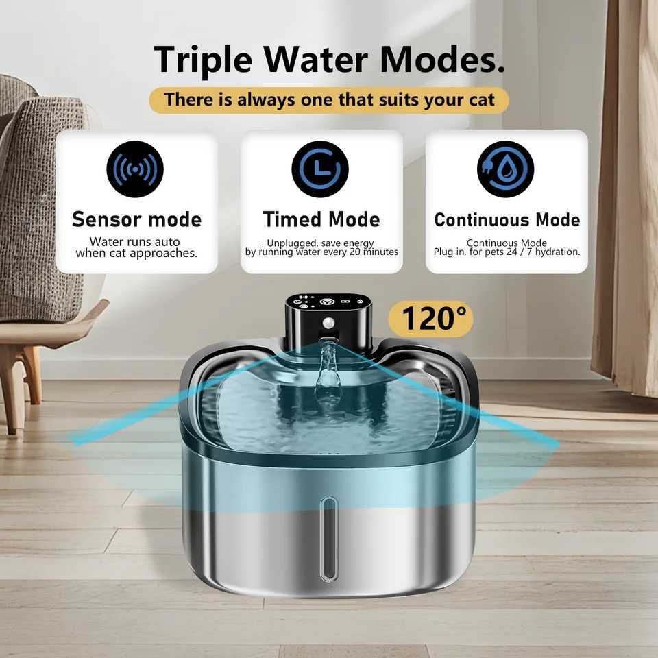 Cat Water Fountain Wireless 35L Pet Water Dispenser 304 Stainless Steel 4000mAh LED Water Level Auto Circulating Filter M251204
