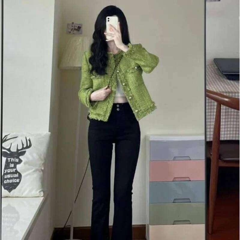 New Spring and Autumn Korean Short Tweed Coat Women Long Sleeve Small Fragrance Jacket Vintage Casual Jackets Female Outerwear