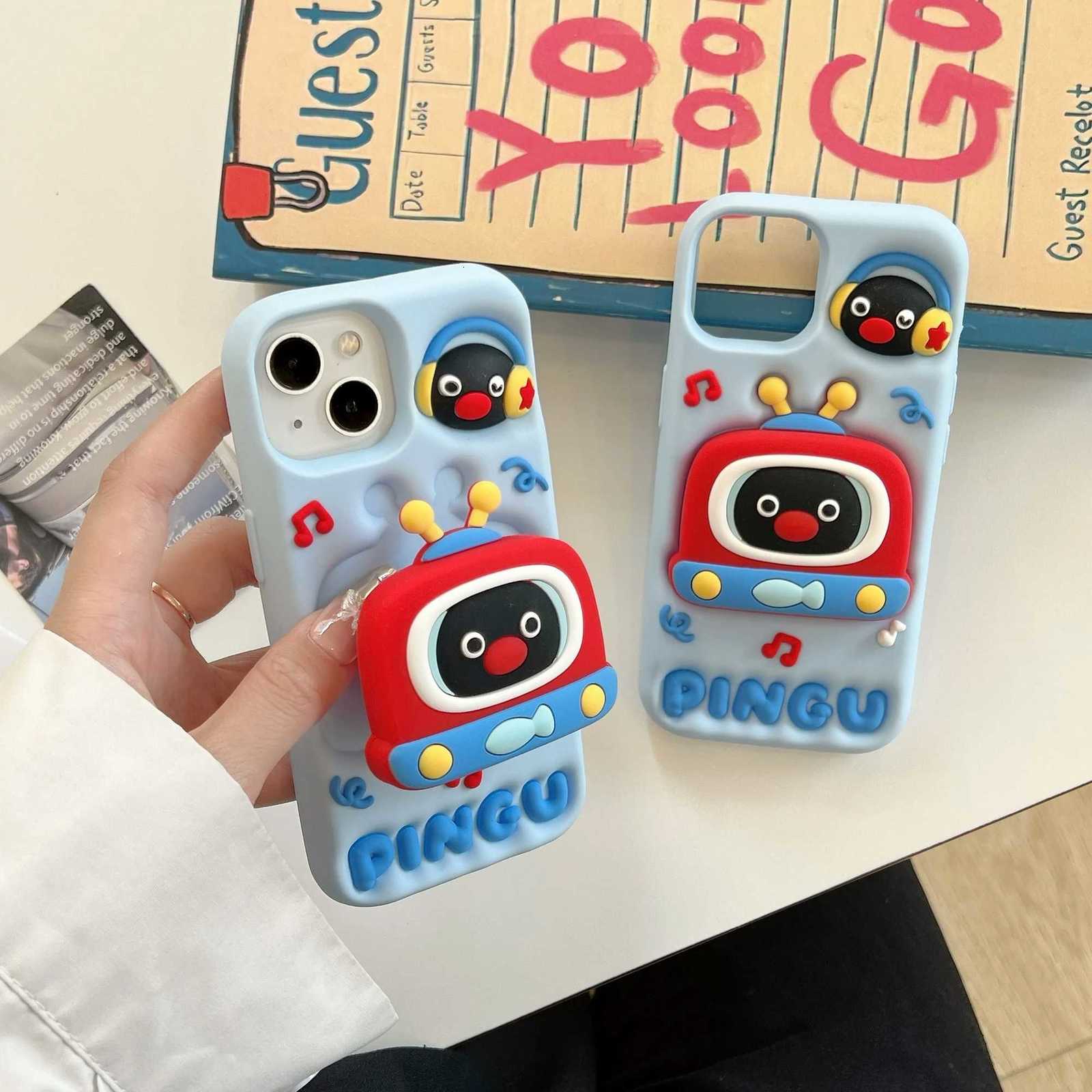 Telescopic Bracket Penguin3D Cute Cartoon Soft Silicone Case Phone Back Cover For iPhone 13 14 15Pro 16 Prax 12Prax Shell H251203