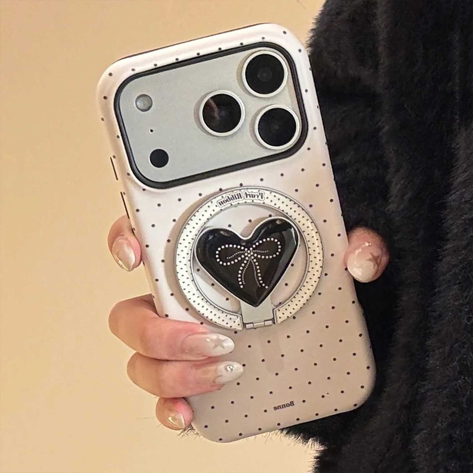 Korean Polka Dots Love Bracket Magnetic Phone Case for iPhone 17 Air 16 15 14 13 12 mini 11 Pro Max Shockproof Hard Cover H251203
