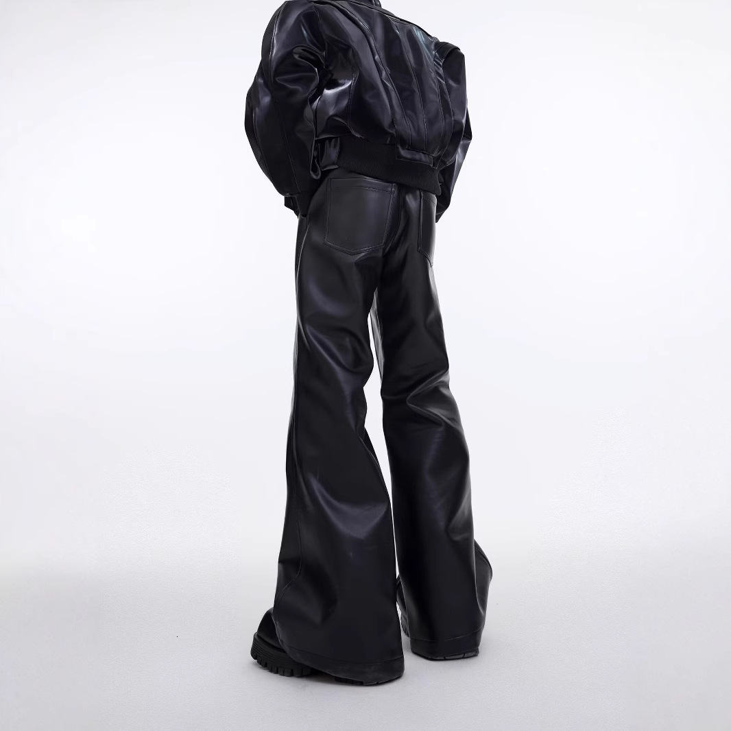 Mauroicardi Autumn Long Black Baggy Pu Leather Wide Leg Cargo Pants for Men Three-dimensional Pockets er Clothes 241213