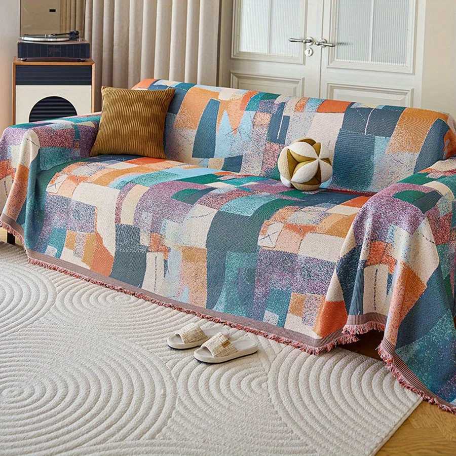 1pc Geometric Pattern Sofa Towel Chenille Sofa Throw Blanket With Tassels Four Seasons Universal Anti Cat Scratch Sofa Protector M251204 - view 5