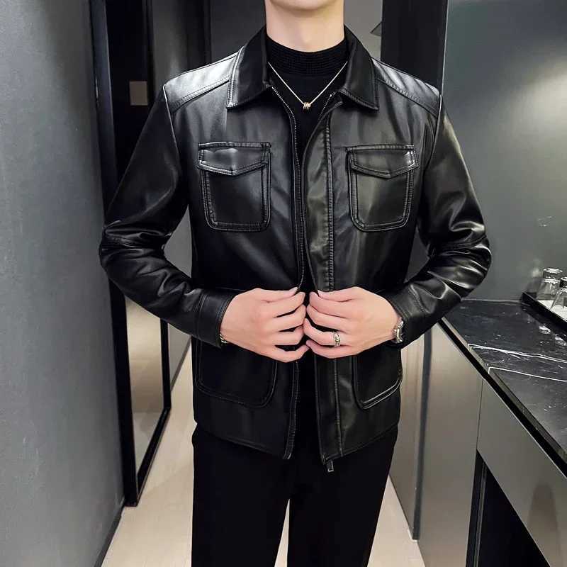 High Quality Clothing Fashion Trend Personalized Leather Mens Jacket New Mens Standing Collar PU Leather Jacket MenT251204