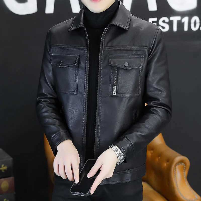 Men Outerwear Leather Moto Jacket Slim Fit Male High Quality PU Leather Coat for Men Lapel Leather Jacket Large Chest PocketT251204