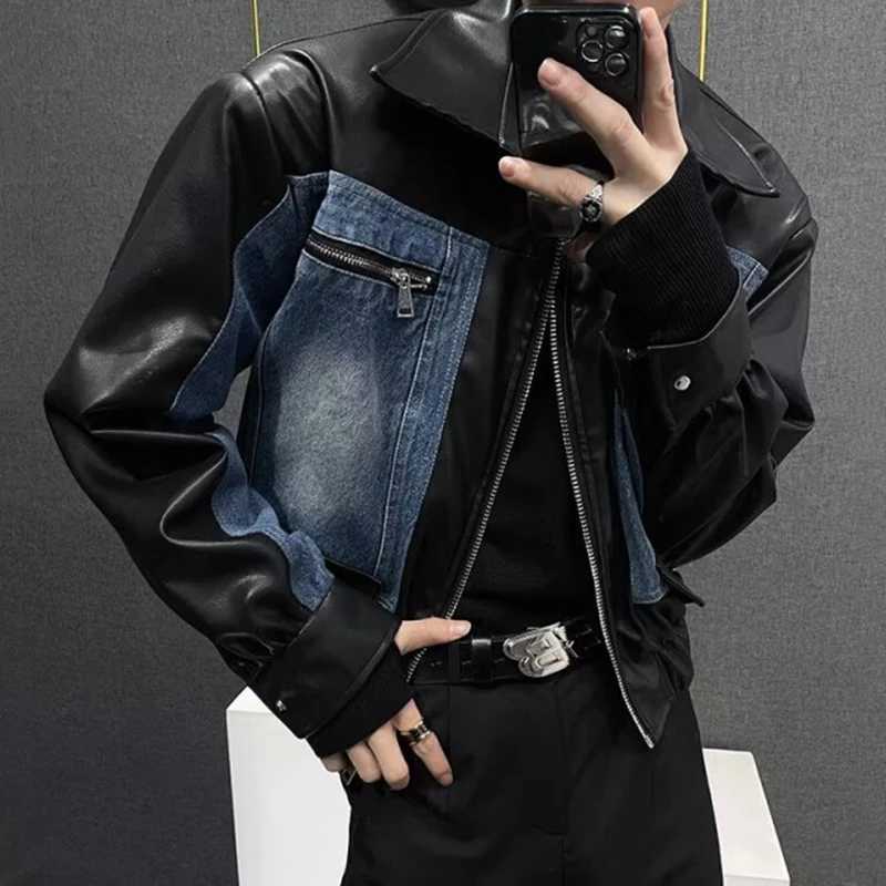 PFHQ Mens Leather Jacket Autumn New Trendy Denim Patchwork Design Versatile Simple Long Sleeve Lapel Zipper Men Coats 21E7531T251204