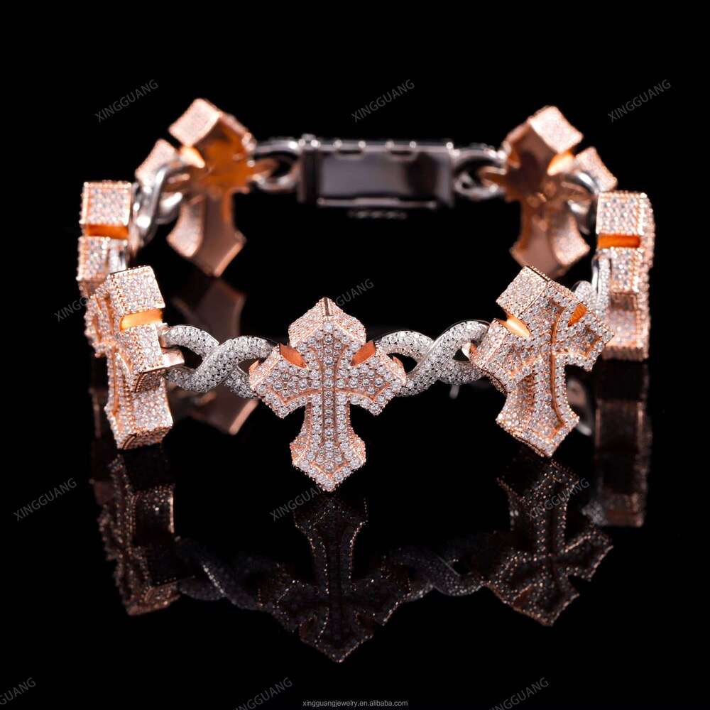 Starlight 925 Sterling Silver Iced Out Infinity Cross Cuban Chain Bracelet with VVS Silicon Stone Diamond Two-tone Hip Hop Style