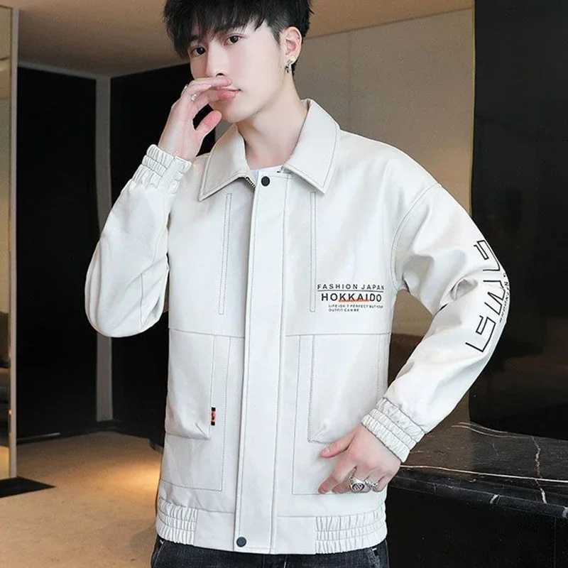 Fashionable Leather Jacket Autumn Winter New Coat Korean Style 2025 Top Trendy Printed Lapel Plus Velvet Motorcycle ClothesT251204