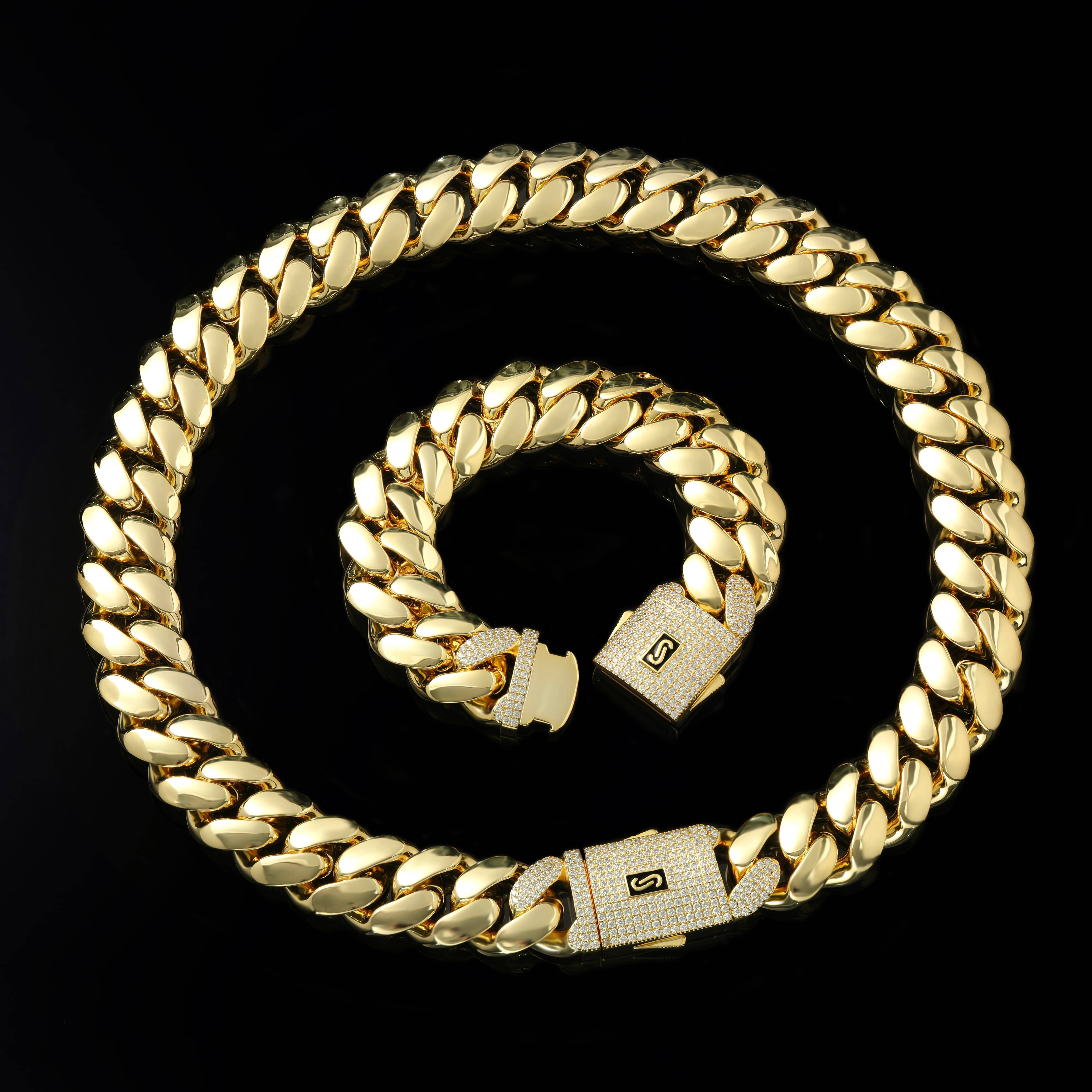 Hiphop Jewelry Iced Out Diamond Clasp Flat Monaco Chain 14K Gold Plated Cuban Link Chain Choker Necklace for Women Custom