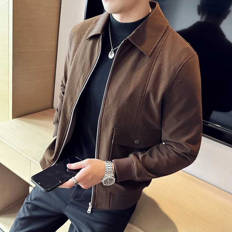 Mens Jackets High Quality Business Casual PU Jacket For Men Fashion Turn Down Collar Zip Up Slim Fit Coats Male Clothing BlackT251204