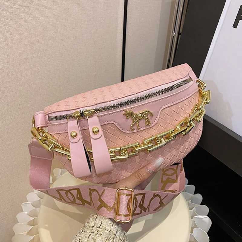 Stylish Braid PU Leather Fanny Pack For Women Luxury Thick Chain Waist Bag Trendy Applique Waist Pack Female Crossbody Chest BagT251204