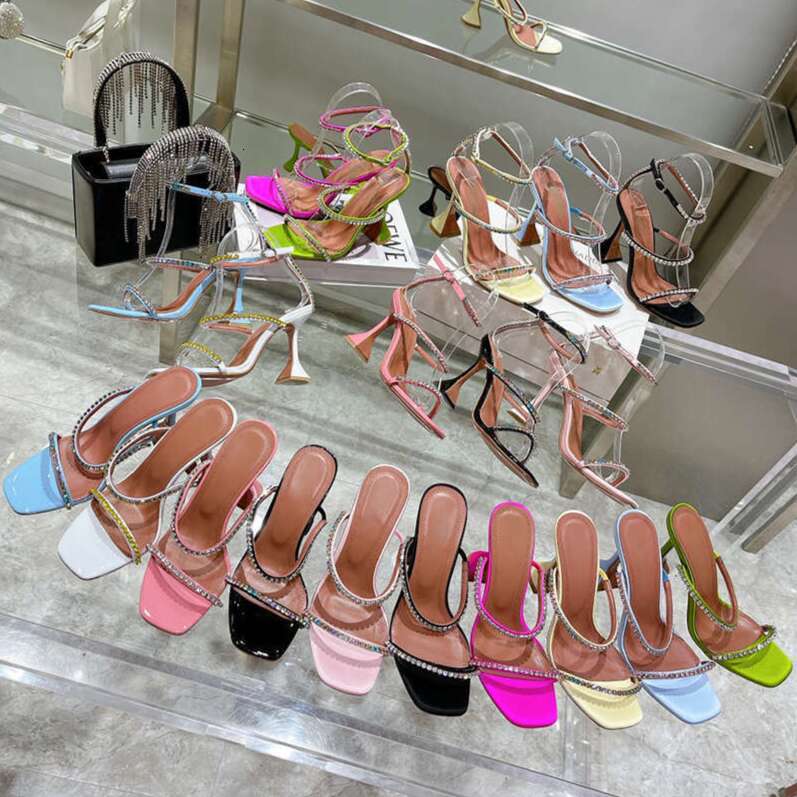 9.5cm Crystal embellished strap spool Heels heel for slipper Designer sandal Ankle strap pump Stiletto women summer luxury Sandals Banquet dress party Wedding shoe