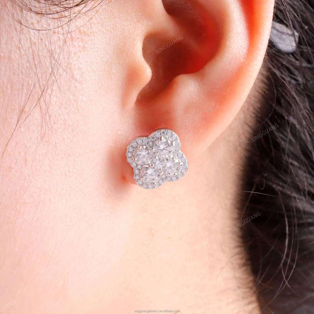 XG Diamond Stud Four-Leaf Style 925 Silver Clover VVS Inlaid Stone for Women and Men Boutique Jewelry Earrings