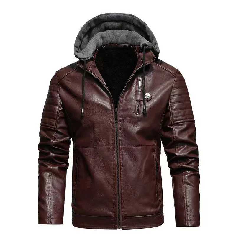 Mens Winter Casual PU Leather Hooded Zipper Fleece-lined Thicken Warm Jackets Male Motorcycle Leather Jacket Outdoor CoatsT251204