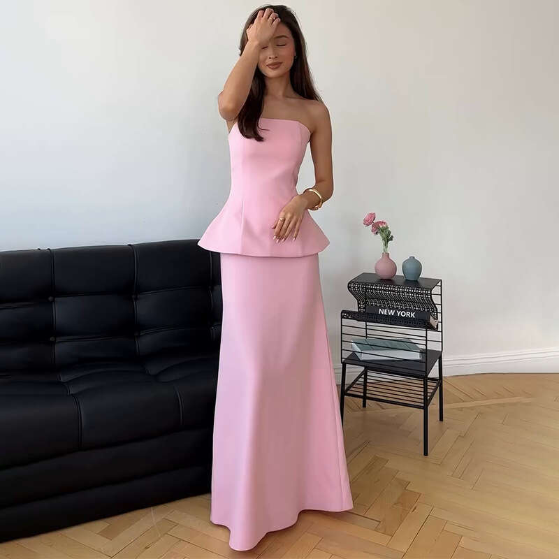 European American Women's Fashion New Solid Color Sleeveless Tube Top And Bodycon Long Skirt Set B5