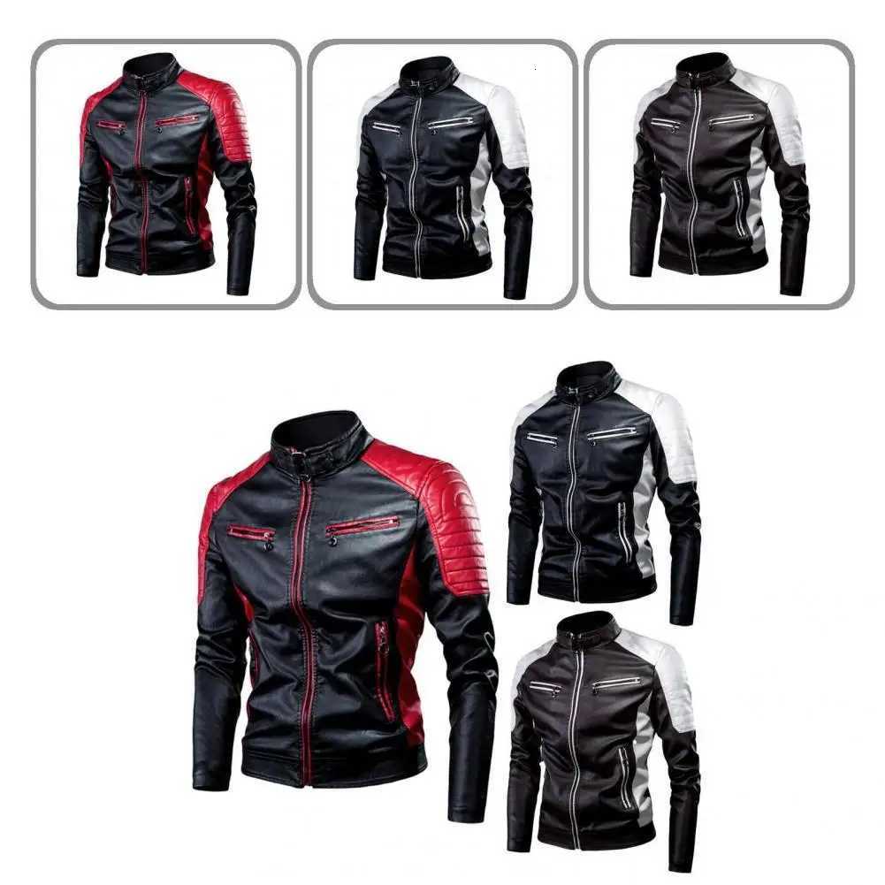 Mens Winter Pu Jacket Motorcycle Waterproof Cool Contrast Colors Classic Biker Leather Jacket Aviator Motor Autumn CoatT251204