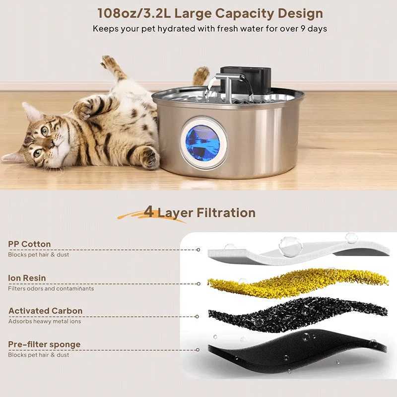 Voford 32L Stainless Steel Cat Water Fountain With 4000mAH Battery 3 Modes Dual Outlet Wireless Automatic Pet Drinking Fountain M251204