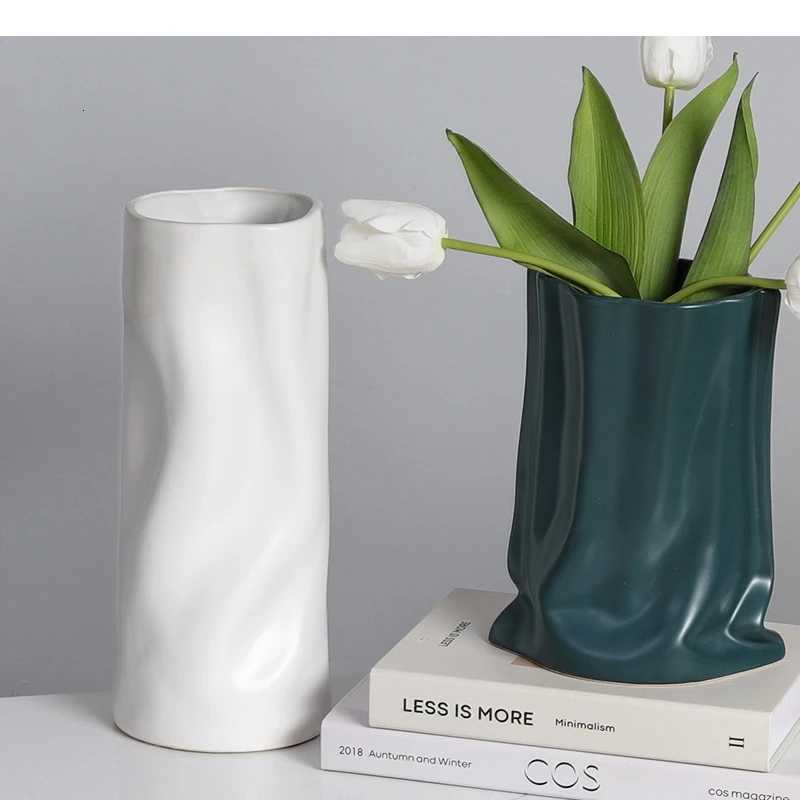 Ceramic Vase Fold Cloth Bag Flowerpot Silver Flower Arranger Floral Accessories Hydroponics He Decoration H251204
