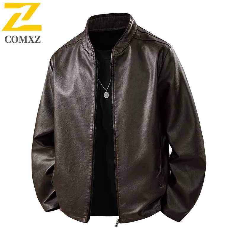 COMXZ Outdoor Sport Leather Jacket Youth Winter Waterproof Windproof Slim Men Coat Solid Color Motorcycle Stand Collar PU TopT251204