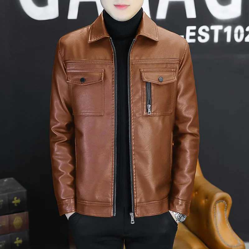 Men Outerwear Leather Moto Jacket Slim Fit Male High Quality PU Leather Coat for Men Lapel Leather Jacket Large Chest PocketT251204