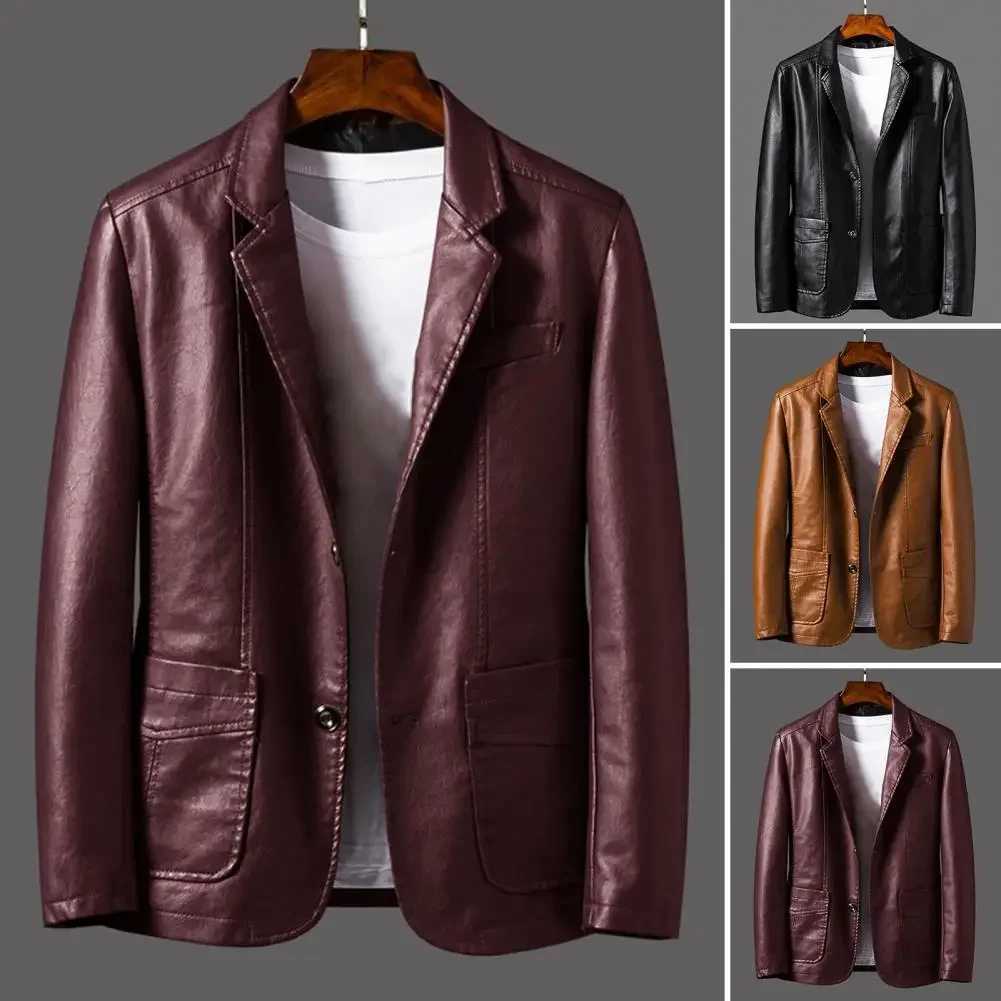 Men Jacket Stylish Mens Lapel Faux Leather Jacket with Pockets Long Sleeve Single Breasted Outwear for A Loose Fit for EverydayT251204