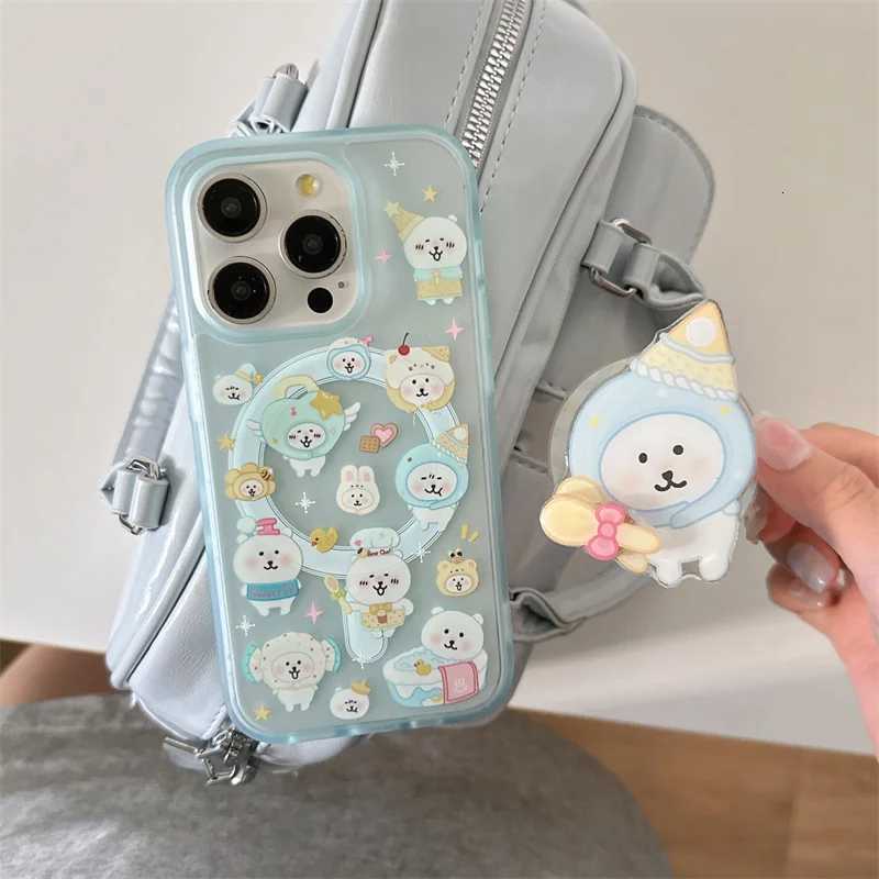 Kawaii Cartoon Bear Stand Holder Magnetic Phone Case For iPhone 16 Pro 15 14 13 Pro Max Back Cover Cute Cases for Funda H251203