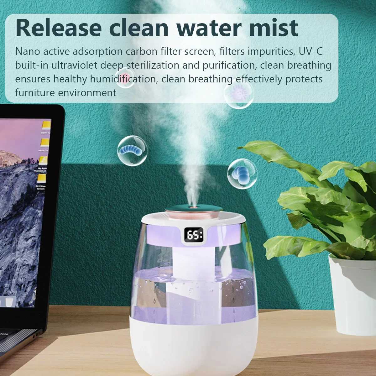 USB-powered portable double-nozzle cold mist bedro silent humidifier with intelligent digital display function for monitoring C251204