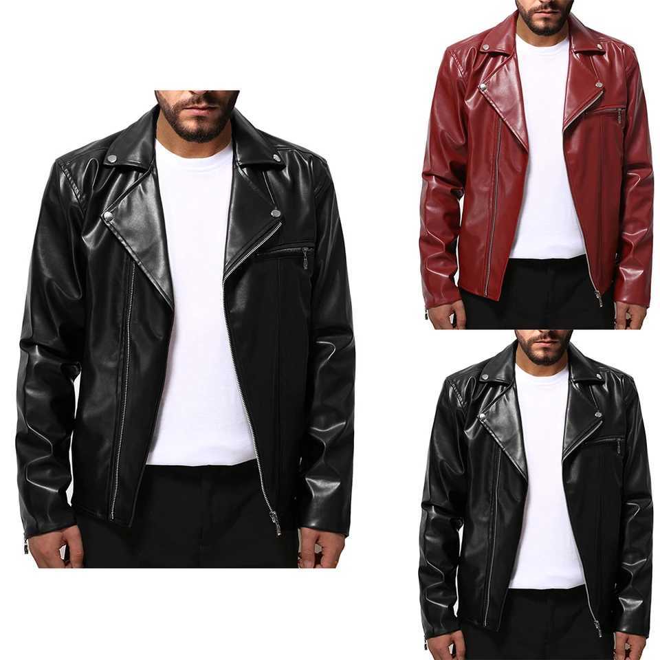 Mens PU Leather Slim Fit Motorcycle Jacket with Lapel Collar Zipper Long Sleeve Punk Outerwear for Casual OccasionsT251204