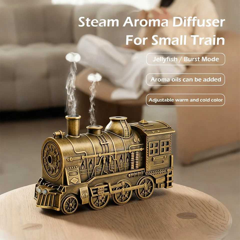 Retro Train Air Humidifier Essential Oil Diffuser Dual Mist Modes with Night Light and Remote Control Cool Mist for He C251204
