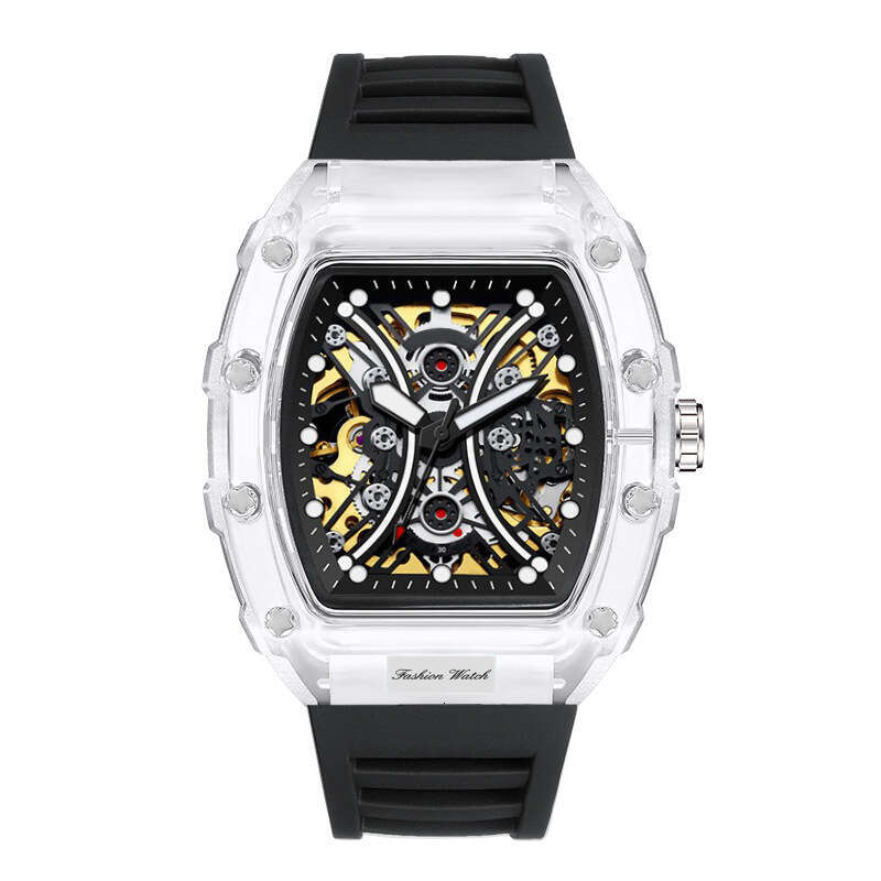 Fashion Barrel-Shaped Silicone Transparent Hollow Automatic Mechanical Watch for Men