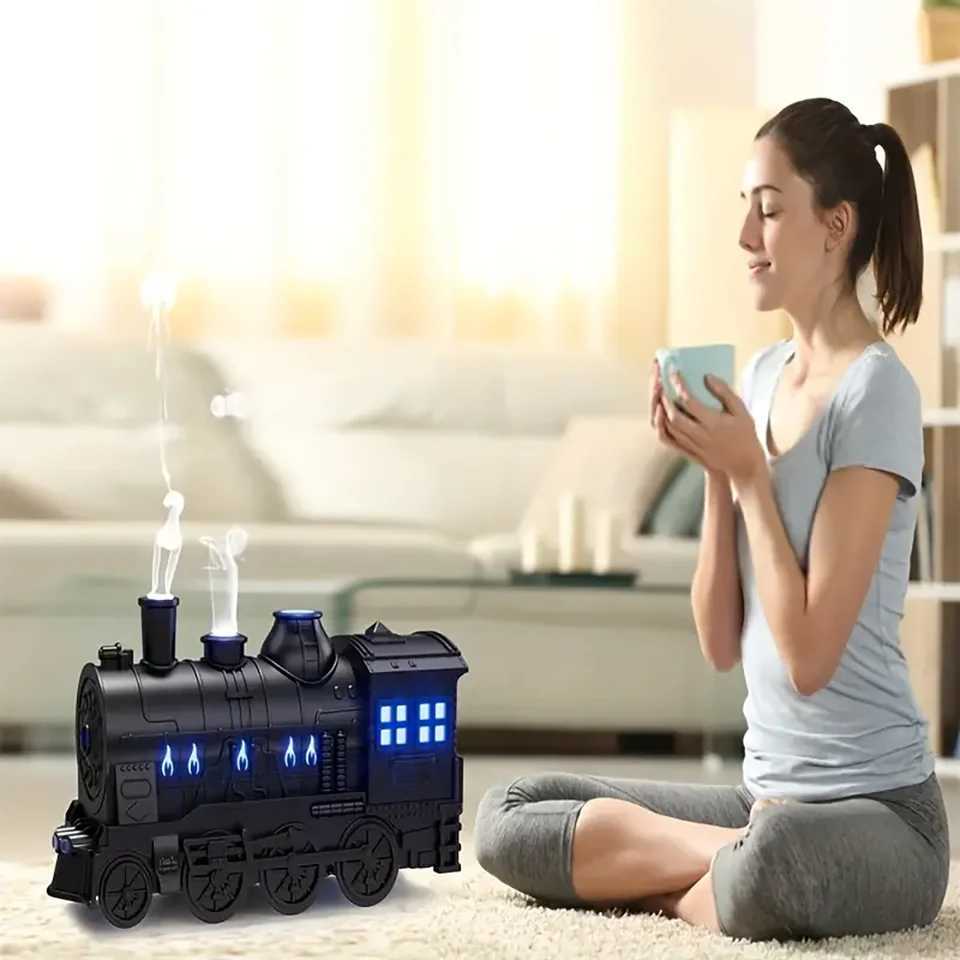Retro Train Air Humidifier Essential Oil Diffuser Dual Mist Modes with Night Light and Remote Control Cool Mist for He C251204