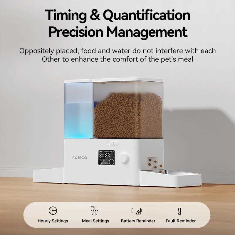 ROJECO 2In1 Automatic Pet Feeder Gravity Water Fountain 85L Button Version Auto Cat Kibble Dispenser with Water Refill Drinker M251204