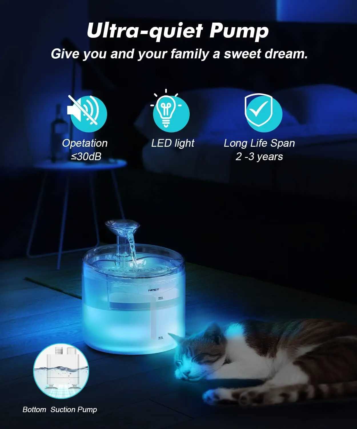 NPET WF100 Cat Water Fountain 54oz/16L Automatic Pet Fountain Cat Water Dispenser with 2 Flow Modes Light Quiet Pump for Cats M251204