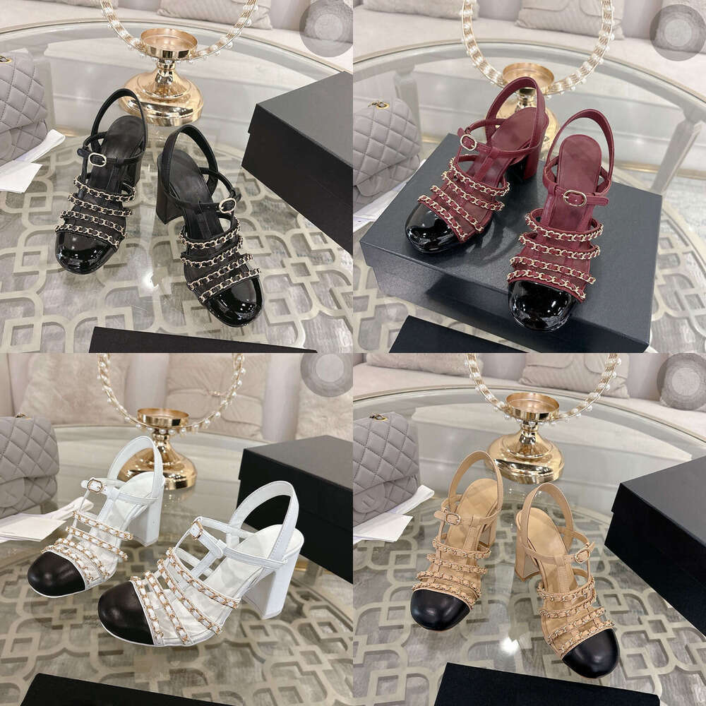 designer shoe woman luxury Sandals Slingback dress outdoor wedding shoes fashion Round Toe sheepskin metal chain decoration color blocking clog Chunky Heel sandal