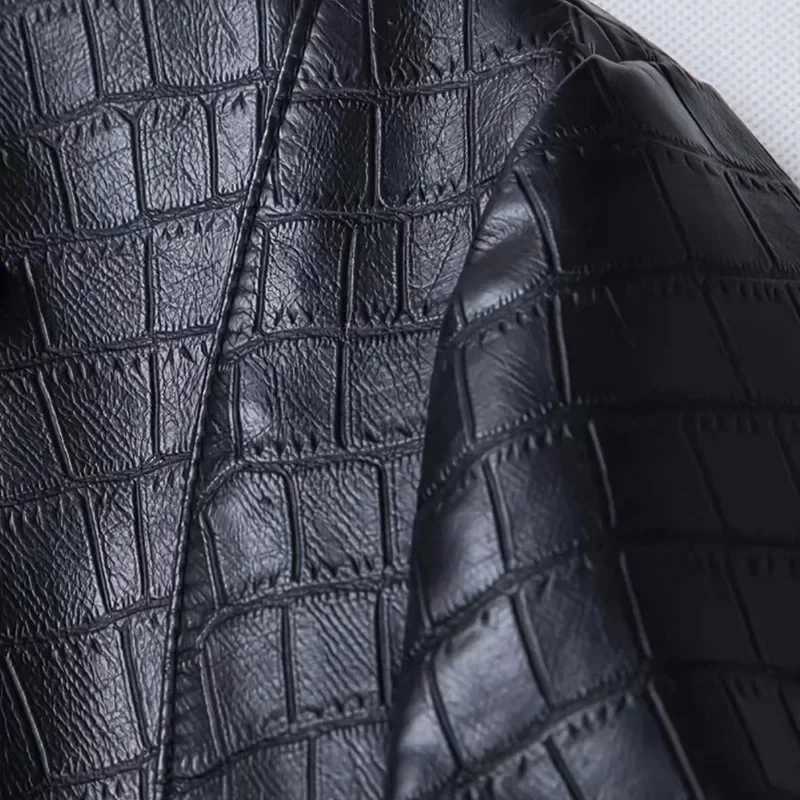 Mens Autumn/Winter PU Leather Jacket Slim Fit Vintage Suit Leather with Belt Motorcycle Lapel Single Breasted CoatT251204