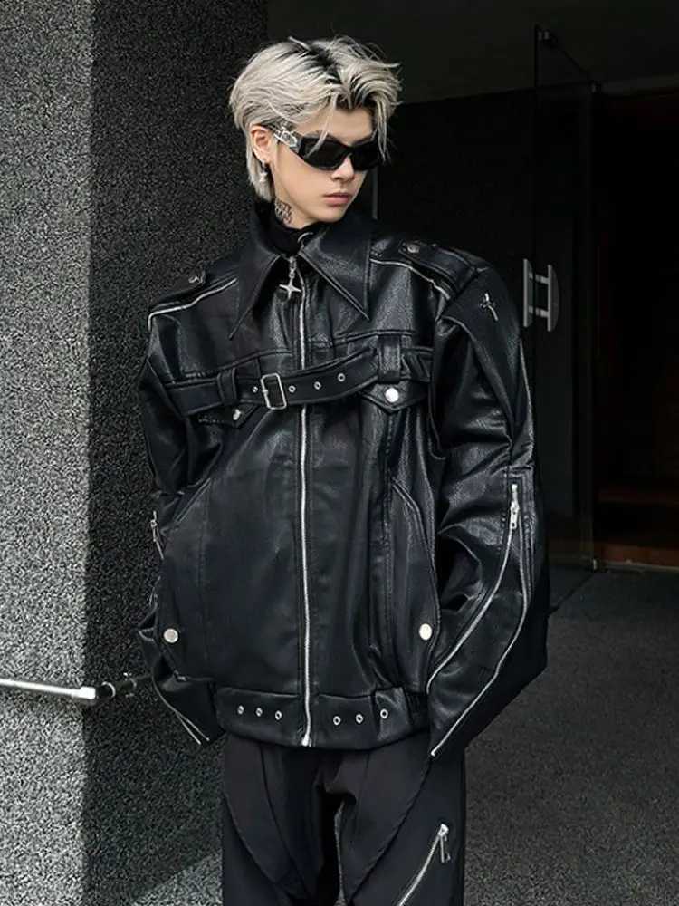 Hip Hop PU Leather Jacket High Street Niche Deconstruction Leather Coat Men Autumn Loose Handsome Casual Motorcycle Suit JacketT251204