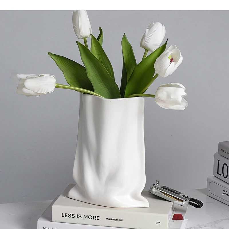Ceramic Vase Fold Cloth Bag Flowerpot Silver Flower Arranger Floral Accessories Hydroponics He Decoration H251204
