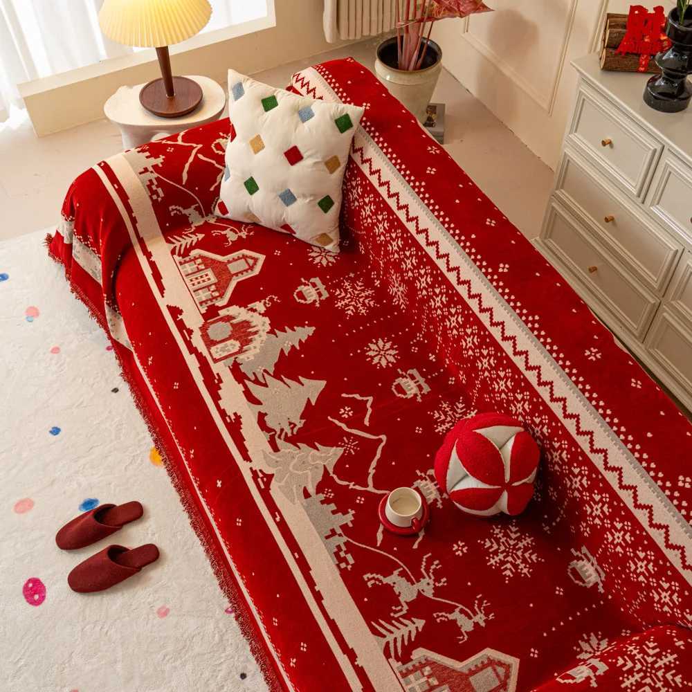 Winter Red Christmas Tree Pattern Sofa Cover Blanket Fabric Christmas Celebration Cloth Multifunctional Universal Sofa Covers M251204 - view 5