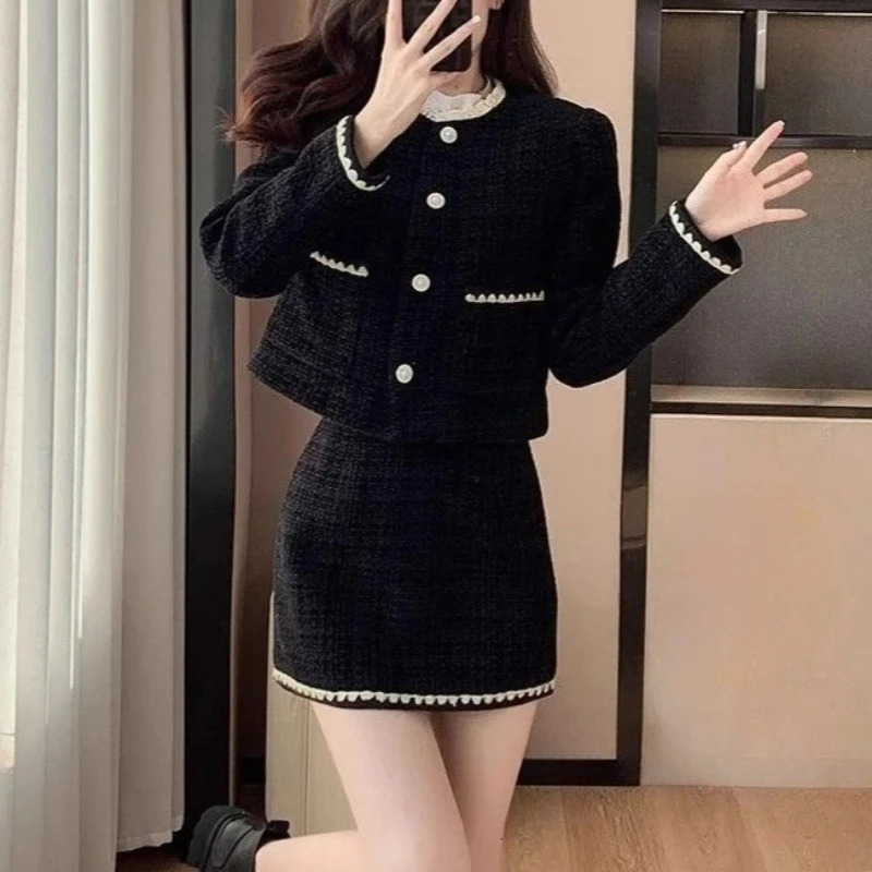 Winter Womens Two Pieces Set Tweed Suit Set with Blazer and Skirt Button Chic Korean Fashion Casual Events Woman Clothes 251203