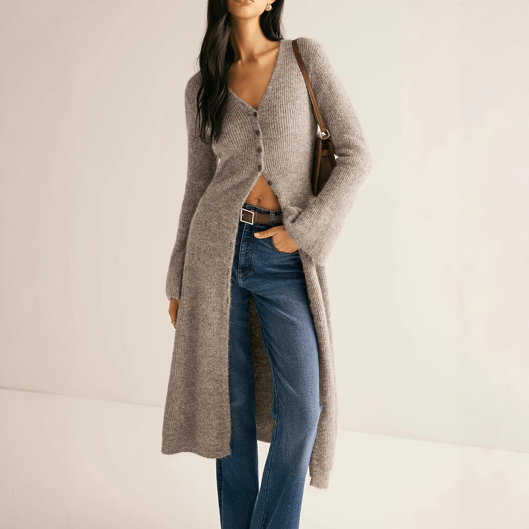 French Long Knit Cardigan Women High-end Mohair Sweater Jacket Fashion Runway V-neck Wool Knitwears Autumn Winter F569 241112