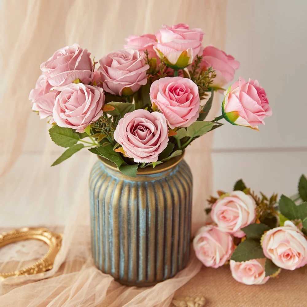 30cm Rose Artificial Silk Flowers Bouquet for Cemetery 6-s Big Rose Peony Fake Flower for Wedding He Table Decoration H251204