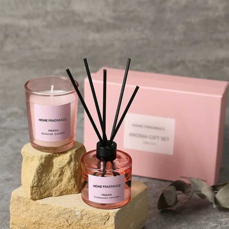 1 Box Aromatherapy Set - 50ml Reed Diffuser Oil with Expanding Sticks 50g Scented Candle Hotel Home Office Air Freshener Y251204