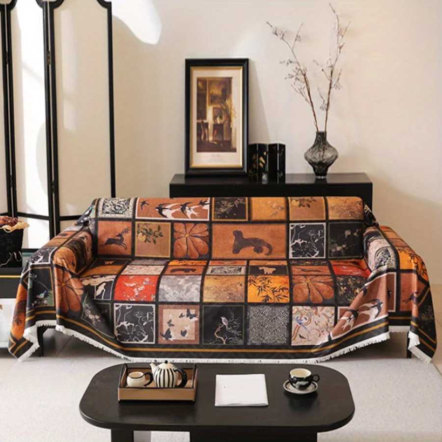 1pc Old Money Style Chenille Sofa Towel Retro Painted Grid Print Sofa Throw Blanket with Tassels All-cover Couch Protector M251204 - view 3