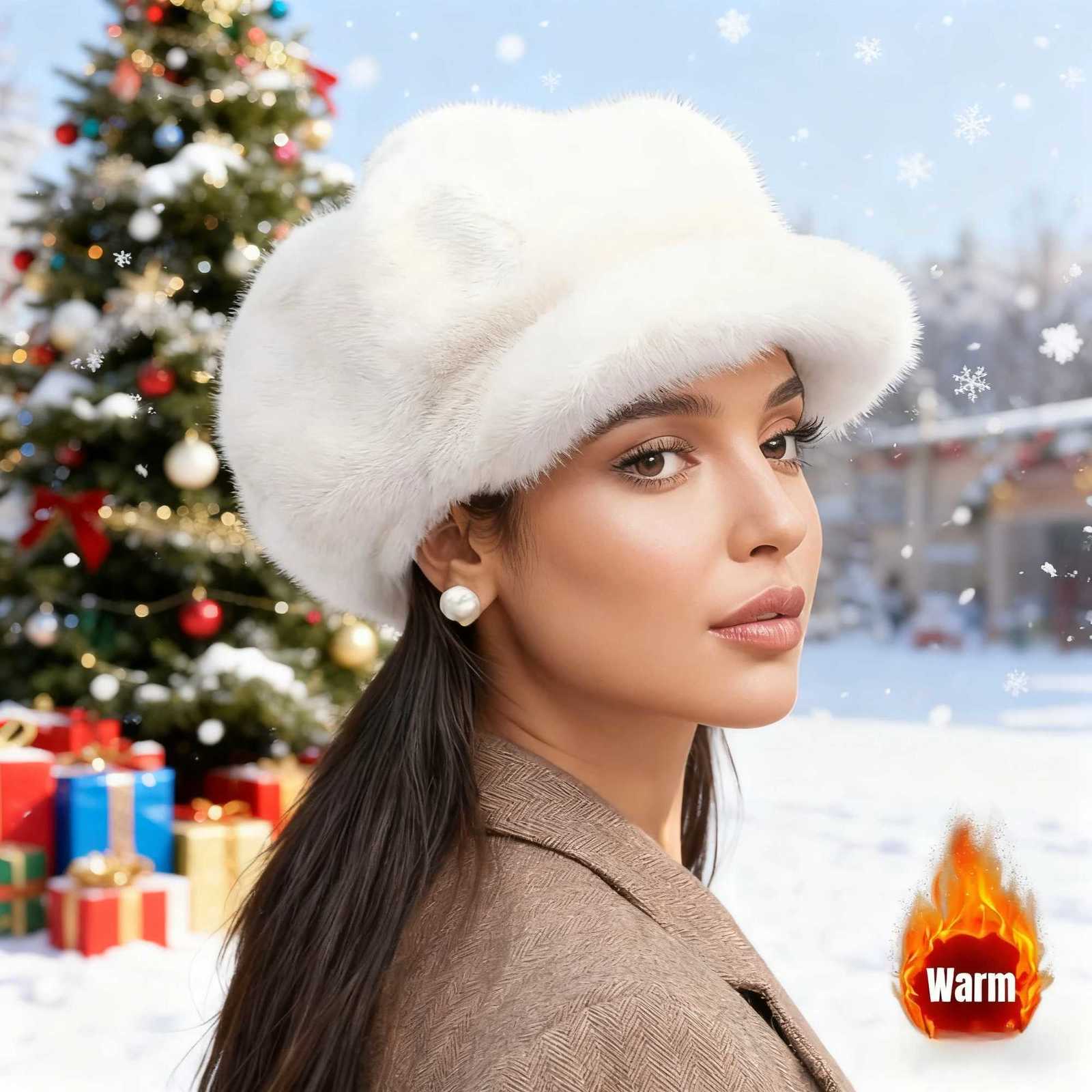 Womens Faux Fur Newsboy Cap Christmas Warm Cable Knit Beret Hat with Visor Fashion Retro Cabbie Hat for Winter Holiday XmasXJ251204 - view 3