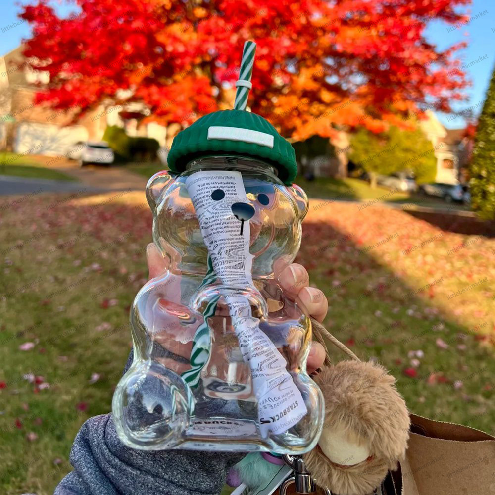 20oz Bear Cup Glass Green Series With Straw Cute Transparent Tumbler Portable Leakproof With Hat Limited Edition Cold Cup Tumbler Straw Holiday Christmas Gift Mug