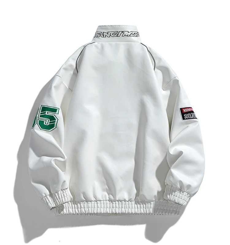 Mens PU Leather Jacket Vintage Racing Style Stand Collar Red Biker Coat Embroidery Print Ribbed Hem Zipper Casual StreetwearT251204